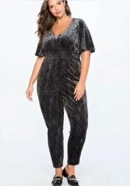 PLUS Size 22 | Black & Grey Velour Leopard Print Flutter Sleeve Jumpsuit | NWT